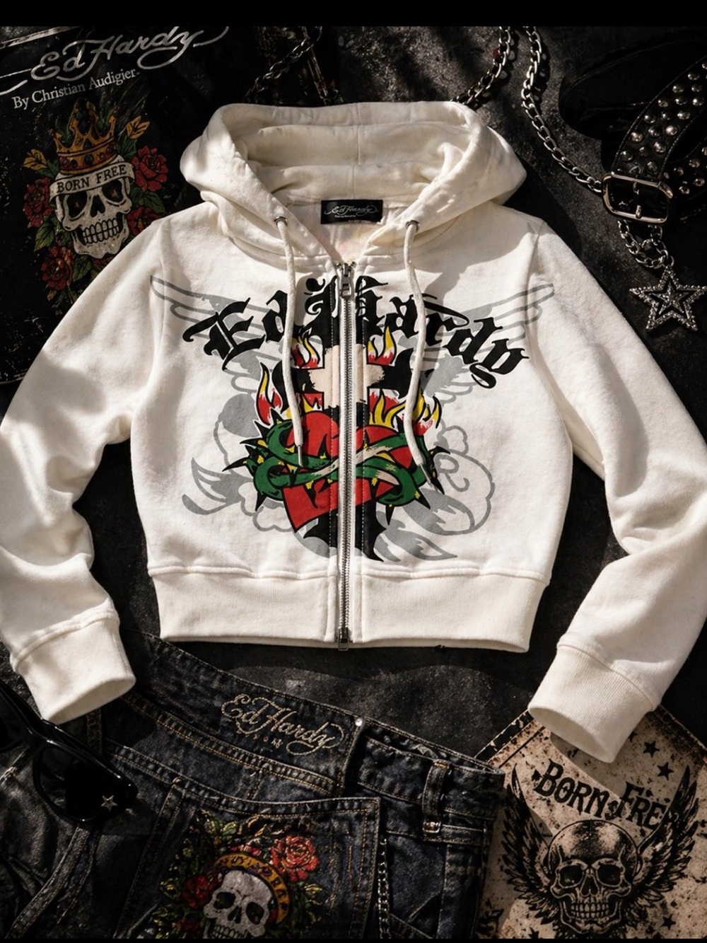 Ed Hardy Born Free Cropped Zip Hoodie
White/Cream Y2K Angel Wings Size S